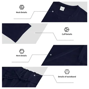 Detailansichten des marineblauen Herren-Sportsets mit Ausschnitt, Bündchen und Bund.