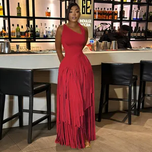 Elegant red sleeveless bodycon maxi dress featuring a tiered fringe skirt for party.