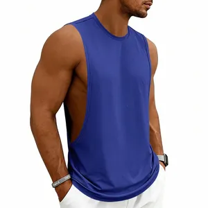 Side view of a blue men's loose gym tank top with low armhole design for workout