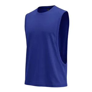 Detail showing the deep-cut armholes and stitching on the royal blue gym tank top