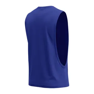 Detail view showing the back profile and deep armholes of this blue gym tank top