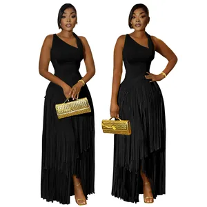 Elegant black one-shoulder maxi dress featuring multi-layered long fringes and slim fit