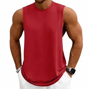 Close-up of red men's sleeveless muscle tank top for gym and sports training