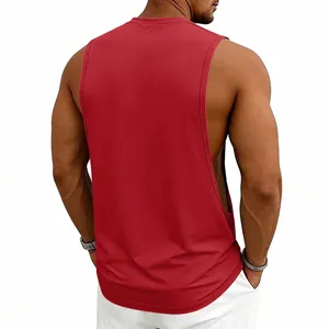 Back view of a men's red athletic gym tank top showing muscle fit and cut-off sleeves