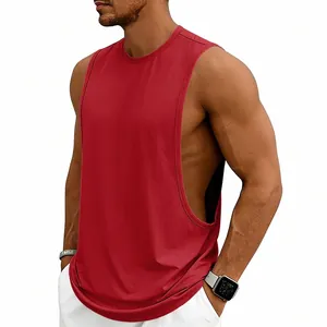 Detail of red men's wide armhole sports tank top for intense gym fitness training