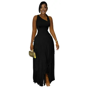 Elegant black one-shoulder evening dress featuring long fringe tassel detailing