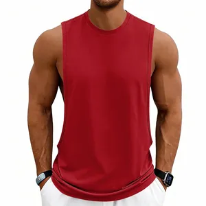 Red sleeveless gym tank top with deep armholes on model detail view