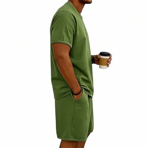 Herren olivgrünes schweres Baumwoll-Frottee Kurzarm-T-Shirt und Shorts Set Outfit