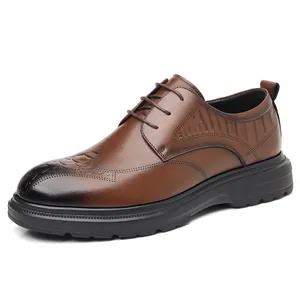 Brown men's dress shoes with crocodile pattern embossed business formal lace-up