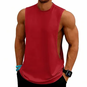 Detailed view of men's red fitness stringer tank top for gym and basketball workout