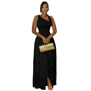 Elegant black one-shoulder fringe evening dress with tiered tassel skirt and slim fit.