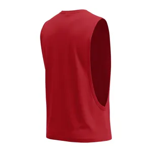 Detailed side view of red men's loose gym basketball training tank top with deep armholes