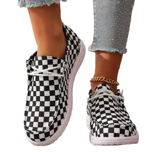 Stylische schwarz-weiß karierte Slip-On-Loafer für Damen, lässige flache Schuhe