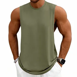 Detailed view of men's olive green loose fitness gym tank top for workout training.