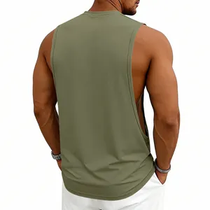 Back view of a men's loose olive green gym training tank top showing muscular fit.