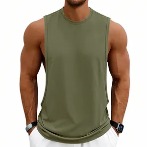 Detailed shot of men's olive green muscle tank top for gym fitness training sessions