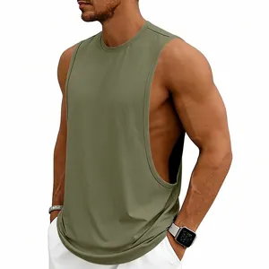 Detailed view of olive green muscle tank top featuring deep-cut armholes