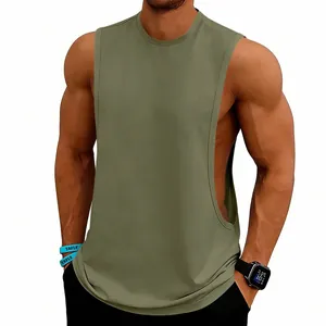 Close-up detail of men's olive green sleeveless gym tank top with deep armholes
