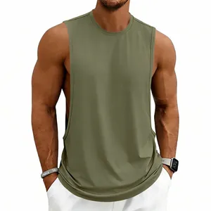 Detail view of men's olive green sports tank top with deep-cut armholes for gym training
