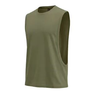Side view of olive green loose muscle tank top for men's gym training and basketball