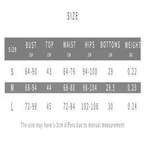 Size chart for women's halter top and shorts set with bust and waist measurements