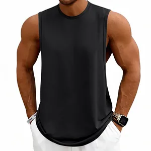 Detailed view of a men's loose black sleeveless sports tank top for gym training