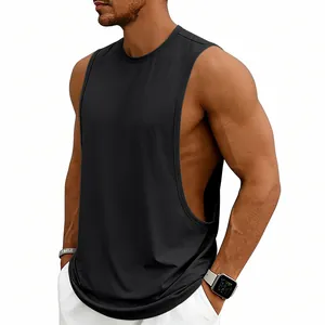 Close-up view of a men's black gym training tank top showing deep low-cut armhole detail
