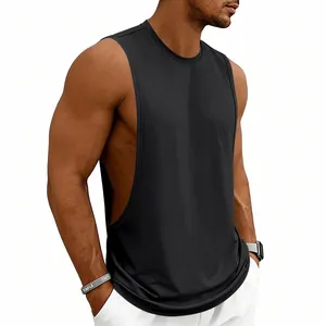 Detailed view of black men's gym muscle tank top featuring deep cut armholes for training
