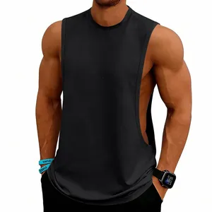 Detailed view of mens black athletic tank top with deep side cut for fitness gym