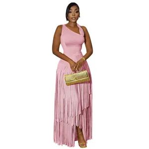 Elegant pink one-shoulder slim fit maxi dress with tiered layered fringe skirt detail