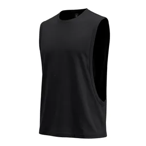 Detailed side view of black men's gym muscle tank top with wide armholes for training