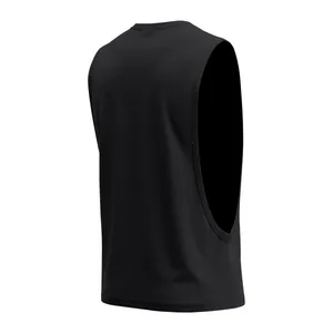 Back side view of black men's loose fitness tank top with deep armholes for gym workout