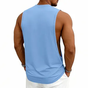 Detailed back view of men's light blue sleeveless gym tank top with deep-cut armholes