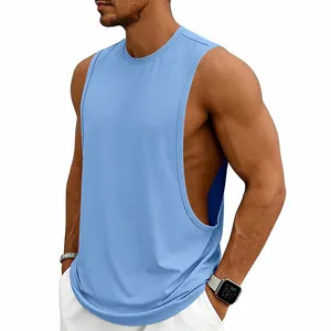 Detail view of a men's blue athletic tank top featuring deep side-cut armholes for gym