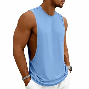Detail of light blue men's gym tank top with wide armholes for fitness training