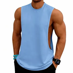 Men's light blue fitness tank top with deep-cut armholes for gym training