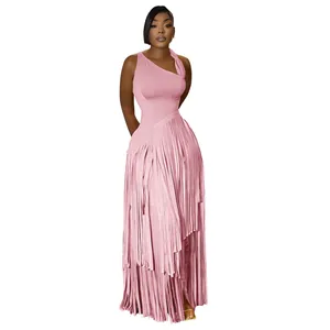 Elegant pink one-shoulder maxi dress with cascading fringe details and slim fit