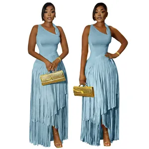 Elegant sky blue one-shoulder bodycon maxi dress with layered fringe detail for party