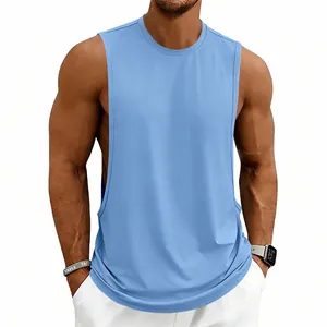 Macro detail showing the breathable light blue fabric and large armholes of this men's gym tank top.