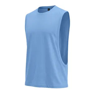 Detail of light blue sleeveless gym tank top with wide armholes for men's fitness