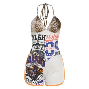 Detail showing trendy leopard print halter top with retro graphic print shorts