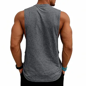 Detailed back view of a dark grey sleeveless gym tank top on a muscular male model