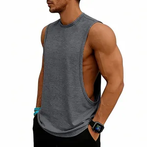 Detailed view of gray deep-cut sides fitness tank top for men gym training