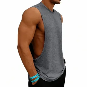 Men's grey loose gym tank top with deep-cut armholes for bodybuilding and training