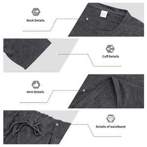 Detailansichten von Ausschnitt, Bündchen, Saum und Bund eines grauen Herren-Loungewear-Sets