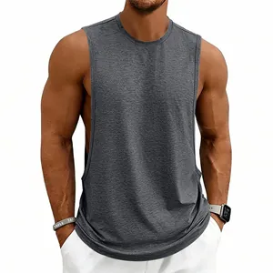 Detail view of men's dark gray loose fitness tank top for gym training and basketball