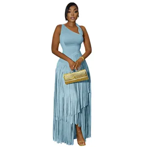 Detailed view of sky blue elegant evening dress featuring sleeveless design and fringe skirt