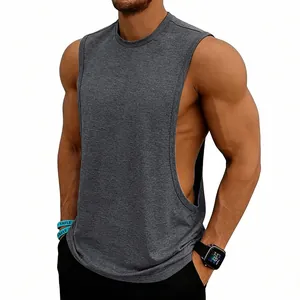 Detailed view of dark grey muscle tank top with deep armholes for men's bodybuilding and fitness