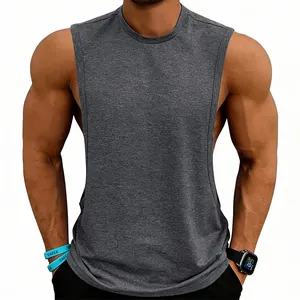 Close-up of a men's dark grey athletic gym tank top with deep armholes on a fit model