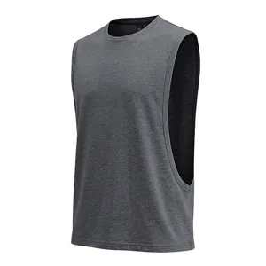 Close-up of a men's charcoal gray muscle tank top with wide armholes for gym training.